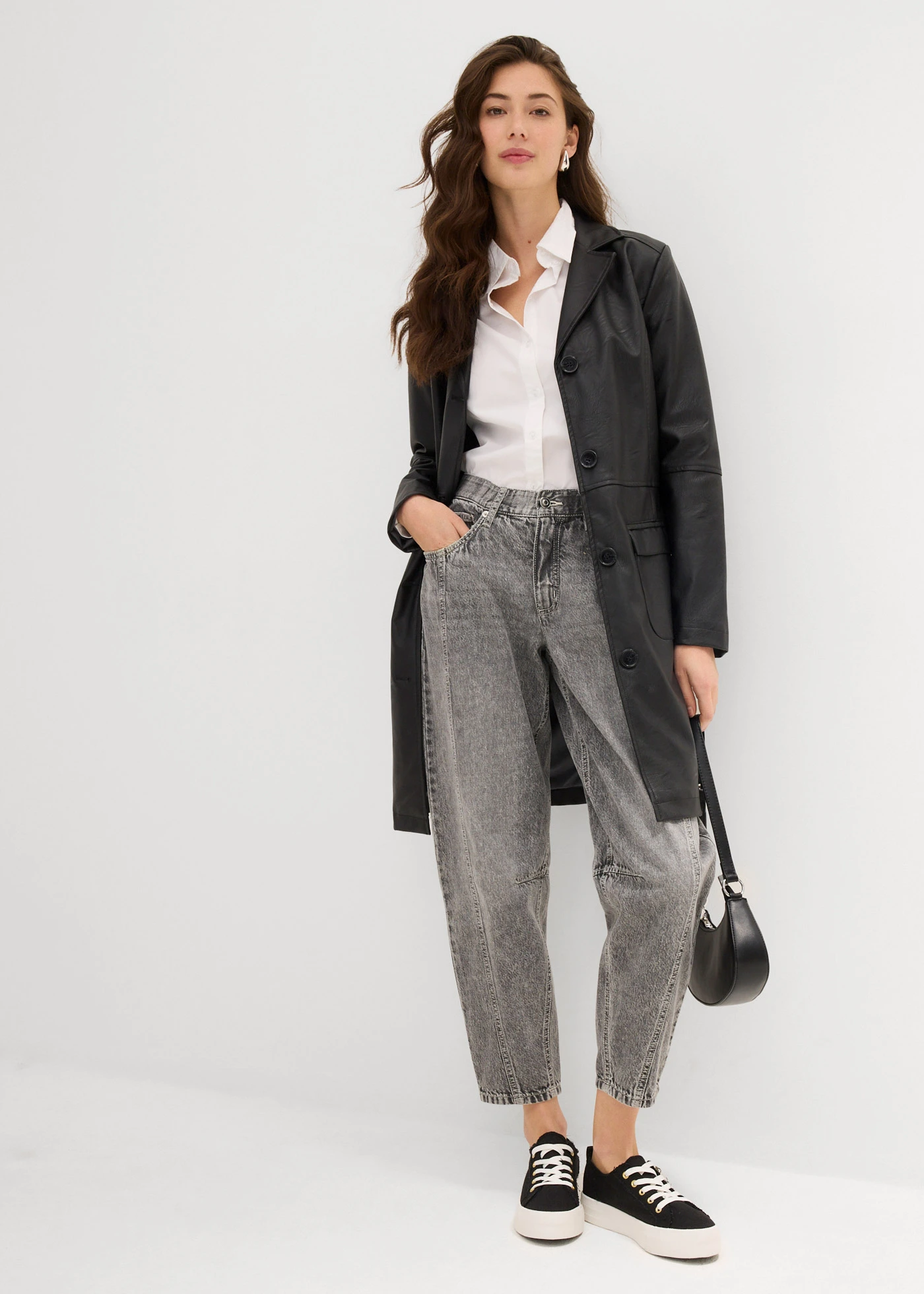 Blugi Barrel Mid Waist, cropped • gri denim deschis uzat • magazin bonprix