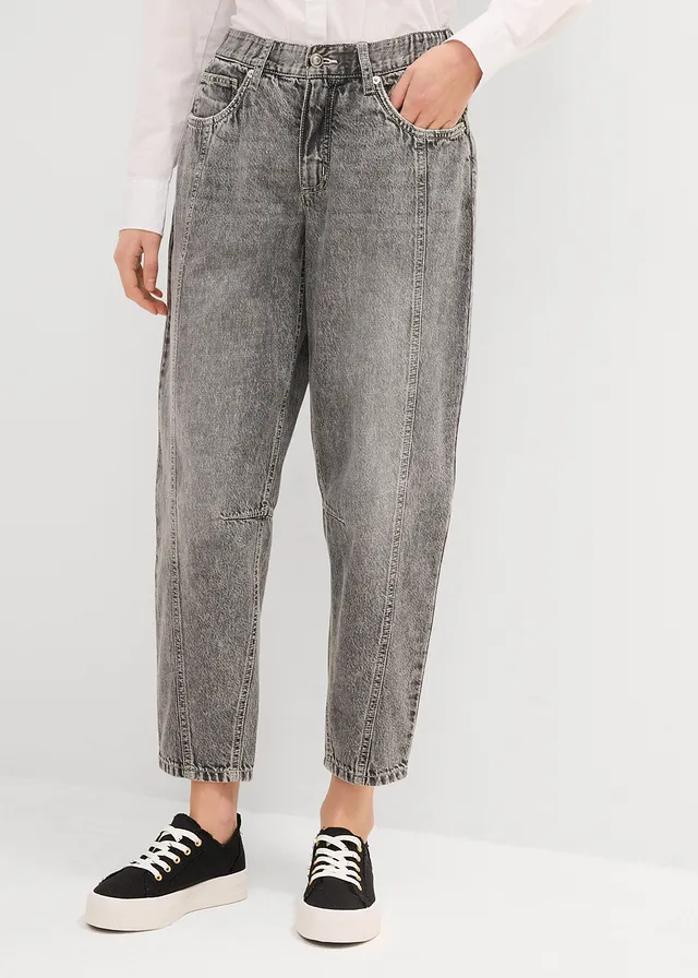 Barrel jeans mid waist, comfortabele tailleband, cropped, Kleur: lichtgrijs denim used