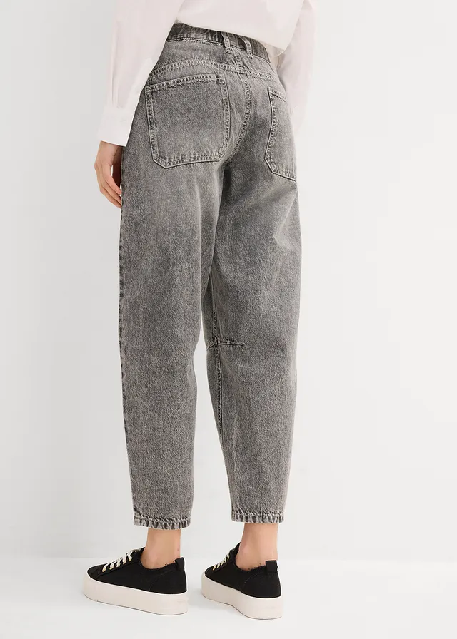 Barrel jeans mid waist, comfortabele tailleband, cropped, Kleur: lichtgrijs denim used