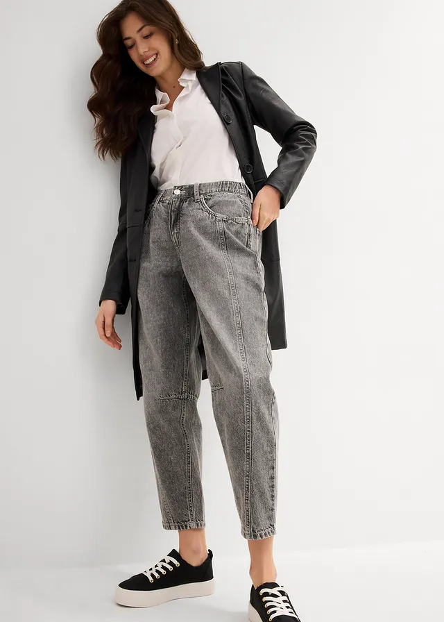 Barrel jeans mid waist, comfortabele tailleband, cropped, Kleur: lichtgrijs denim used