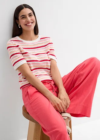 T-shirt en maille ajourée • écru-melba-rouge profond-rose dragée rayé • Boutique bonprix