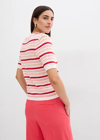 Geribd shirt met ajourpatroon, Kleur: wolwit-melba-dieprood-soft roze gestreept