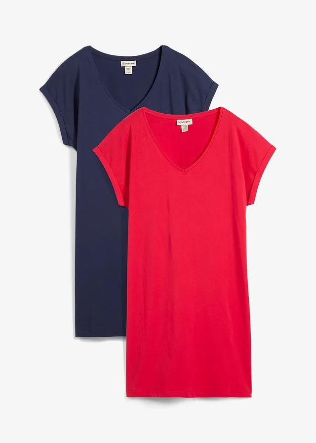 Lot de 2 robes en jersey 100% coton, Couleur: bleu foncé/rouge profond