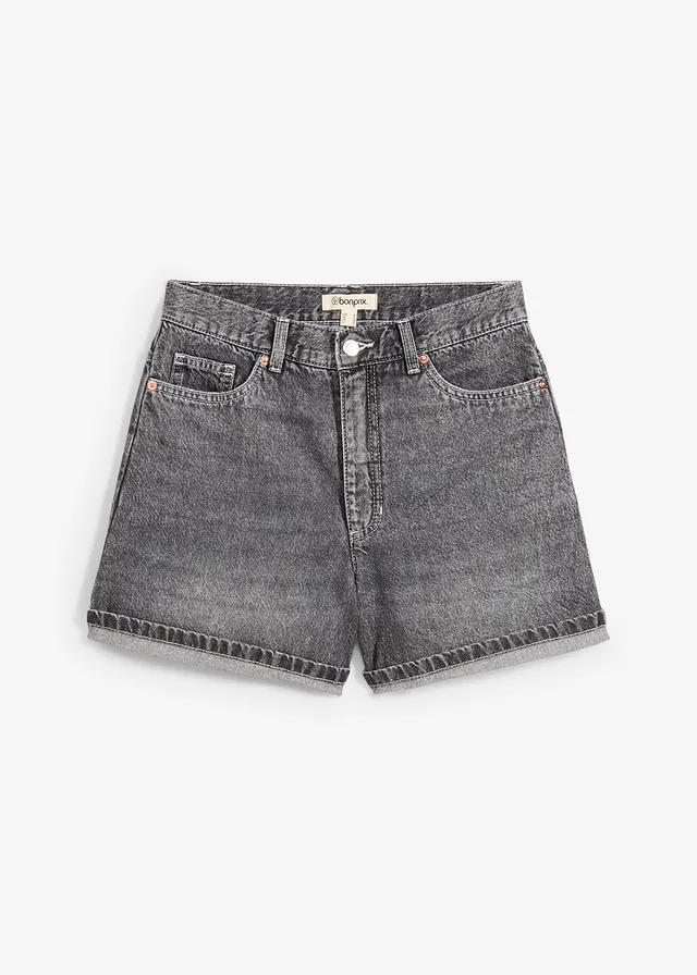 Short en jean taille haute, peu extensible, Couleur: noir denim used