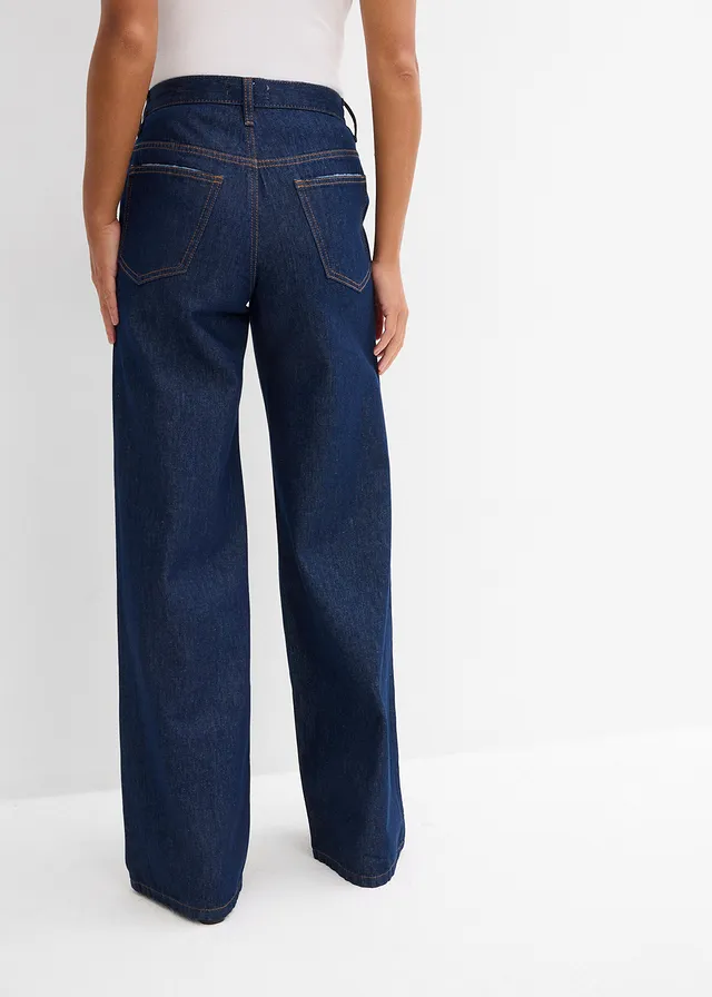 Wide leg jeans, mid waist, low stretch, Kleur: diepblauw denim ongewassen