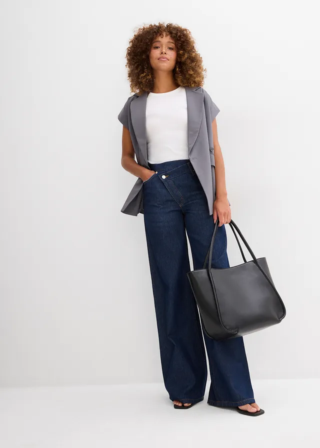 Wide leg jeans, mid waist, low stretch, Kleur: diepblauw denim ongewassen