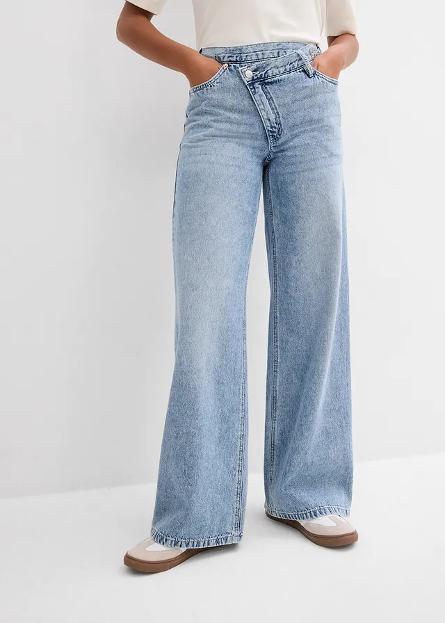 Wide leg jeans, mid waist, low stretch, Kleur: ijsblauw denim used