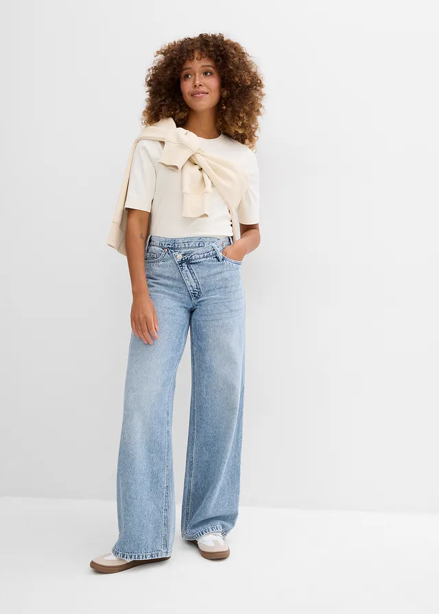 Wide leg jeans, mid waist, low stretch, Kleur: ijsblauw denim used