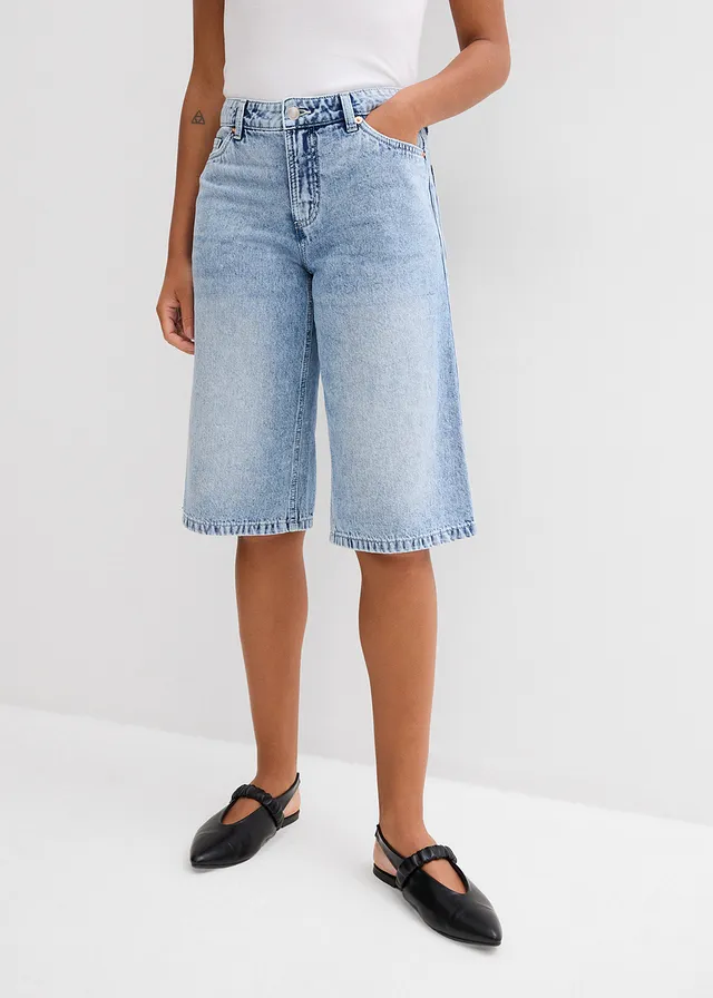 Bermuda en jean taille mi-haute, peu extensible, Couleur: bleu glacier denim used