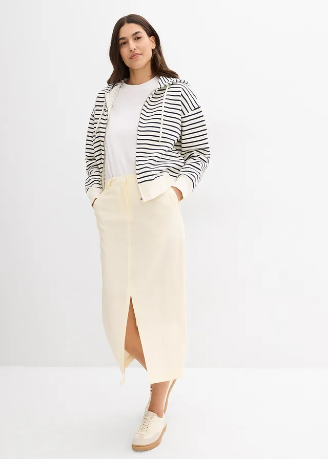 Midi rok van luchtige linnenmix, Kleur: crèmewit