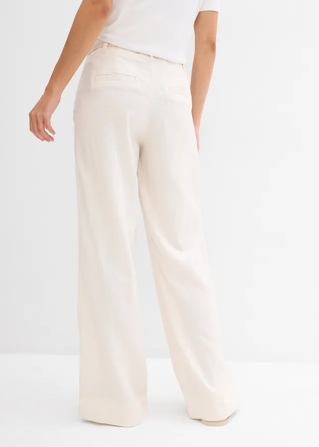 Pantalon paper bag en lin mélangé léger, Couleur: beige naturel