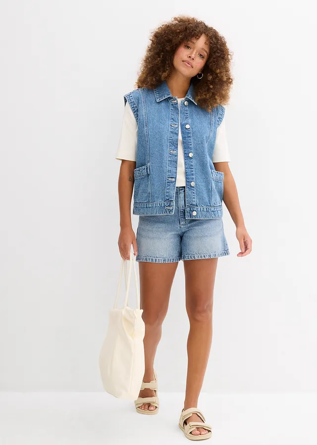 Short en jean taille haute, peu extensible, Couleur: bleu denim used