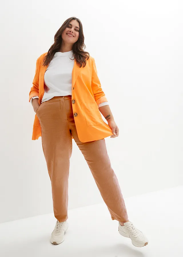 Pantalon cropped taille haute en lin et viscose, Couleur: cognac