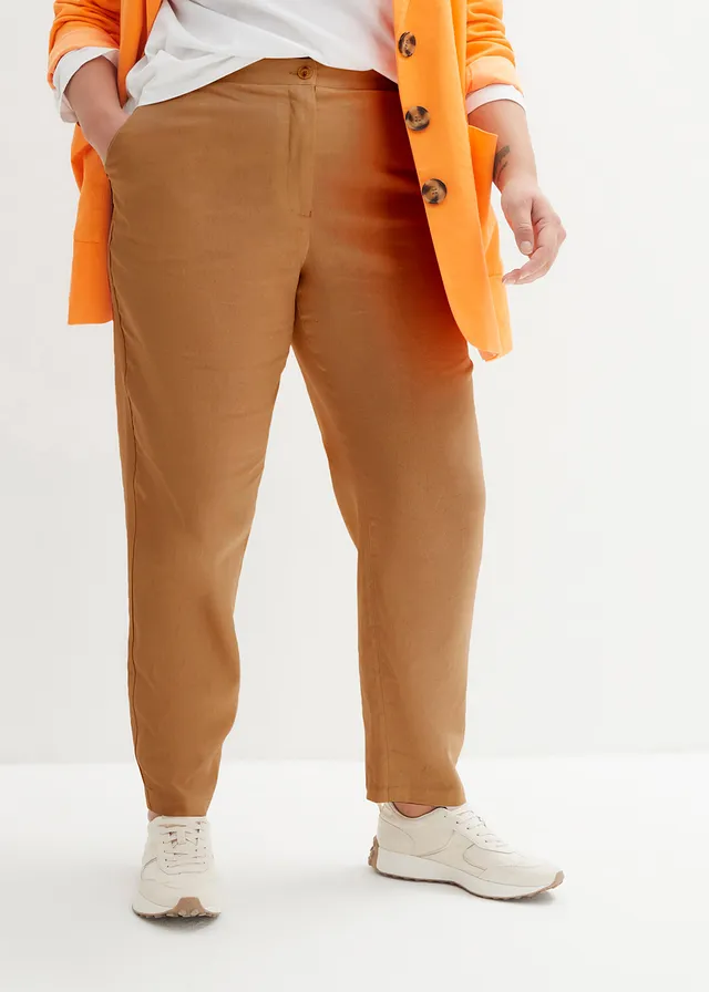 Pantalon cropped taille haute en lin et viscose, Couleur: cognac