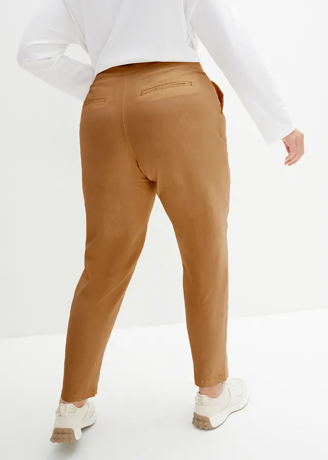 Pantalon cropped taille haute en lin et viscose, Couleur: cognac
