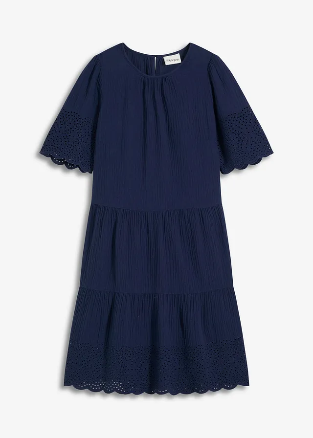 Robe en gaze de coton à broderies anglaises, Couleur: bleu foncé