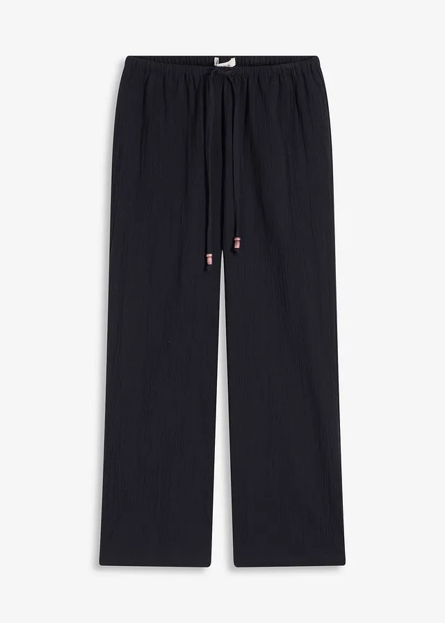 Wijde broek van gestructureerde crinkle, Kleur: zwart