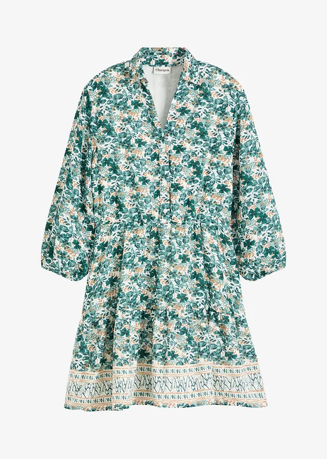 Robe effet lin, Couleur: écru/vert poivre imprimé