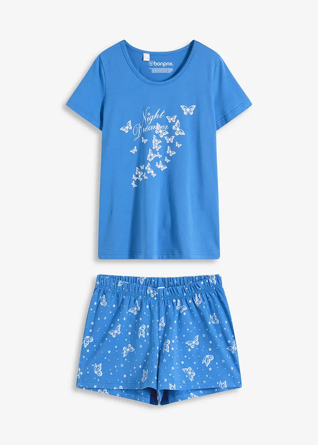 Shortama van katoen (2-dlg. set), Kleur: gletsjerblauw-wit gedessineerd