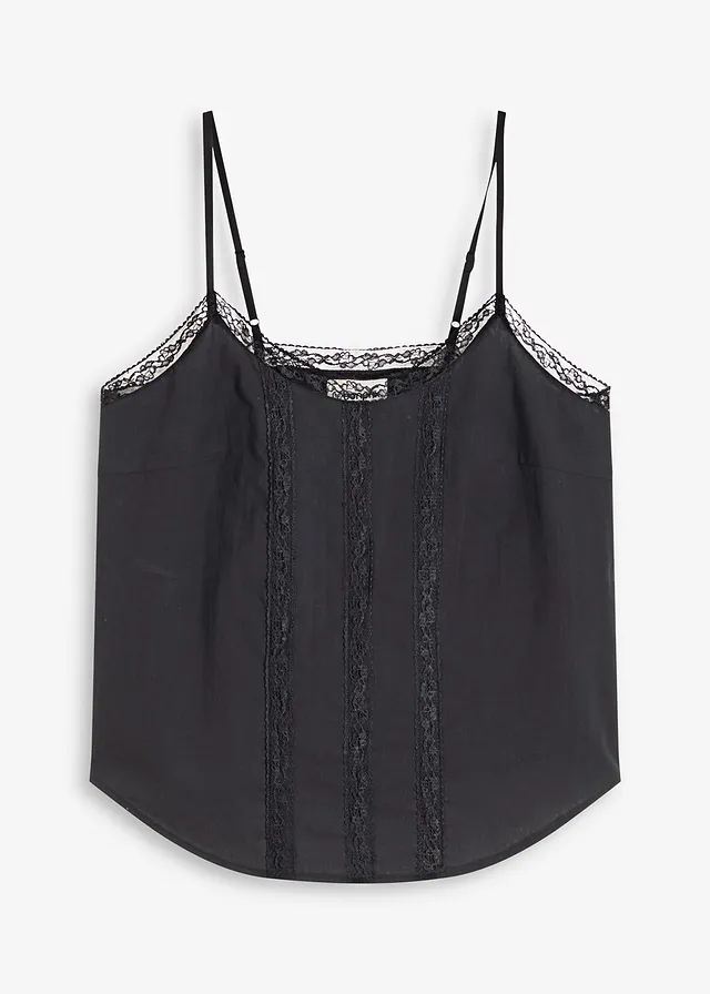 Blousetop met broderie anglaise, Kleur: zwart