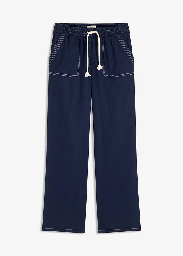 Pantaloni cu șiret și cusături contrastante, din twill ușor