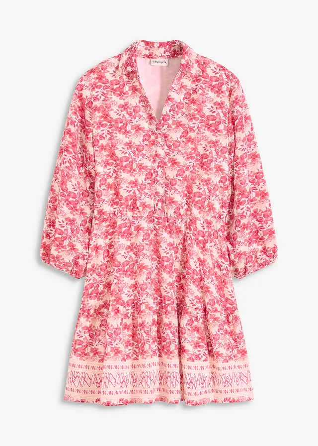 Jurk in linnen look, Kleur: wolwit-pink gedessineerd