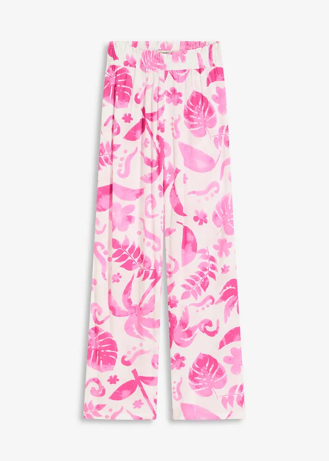 Pantalon large en viscose texturée • blanc - fuchsia • Boutique bonprix