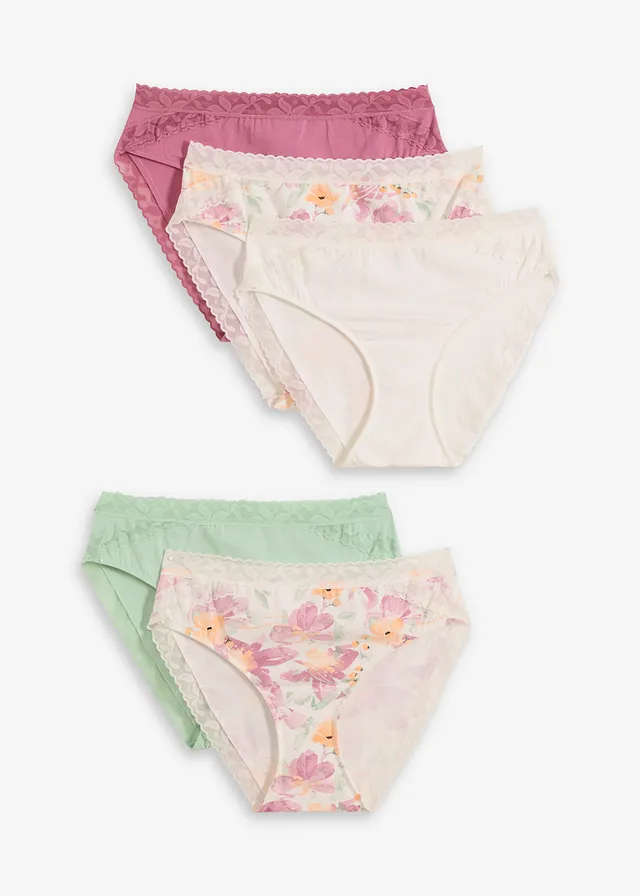 Maxislip met biologisch katoen en kant ( set van 5), Kleur: wolwit gebloemd + wolwit + bessensorbet + groen