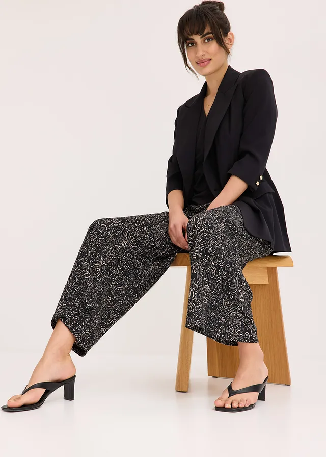 Spodnie culotte z dżerseju-krepy czarno-biały drukowany