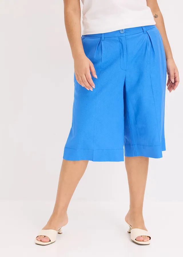Wijde bermuda van een luchtige linnenmix, Kleur: gletsjerblauw