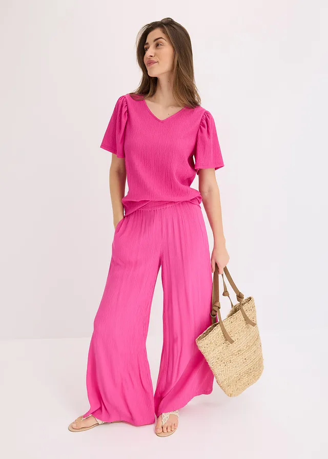 T-shirt en crêpe texturé fuchsia