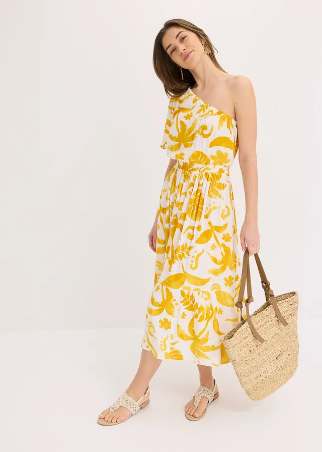 Robe asymétrique imprimée en viscose texturée, Couleur: blanc/curry floral