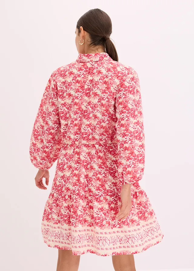 Jurk in linnen look, Kleur: wolwit-pink gedessineerd
