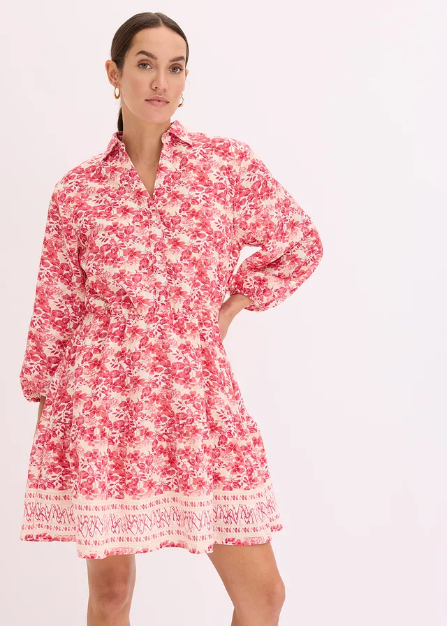 Jurk in linnen look, Kleur: wolwit-pink gedessineerd