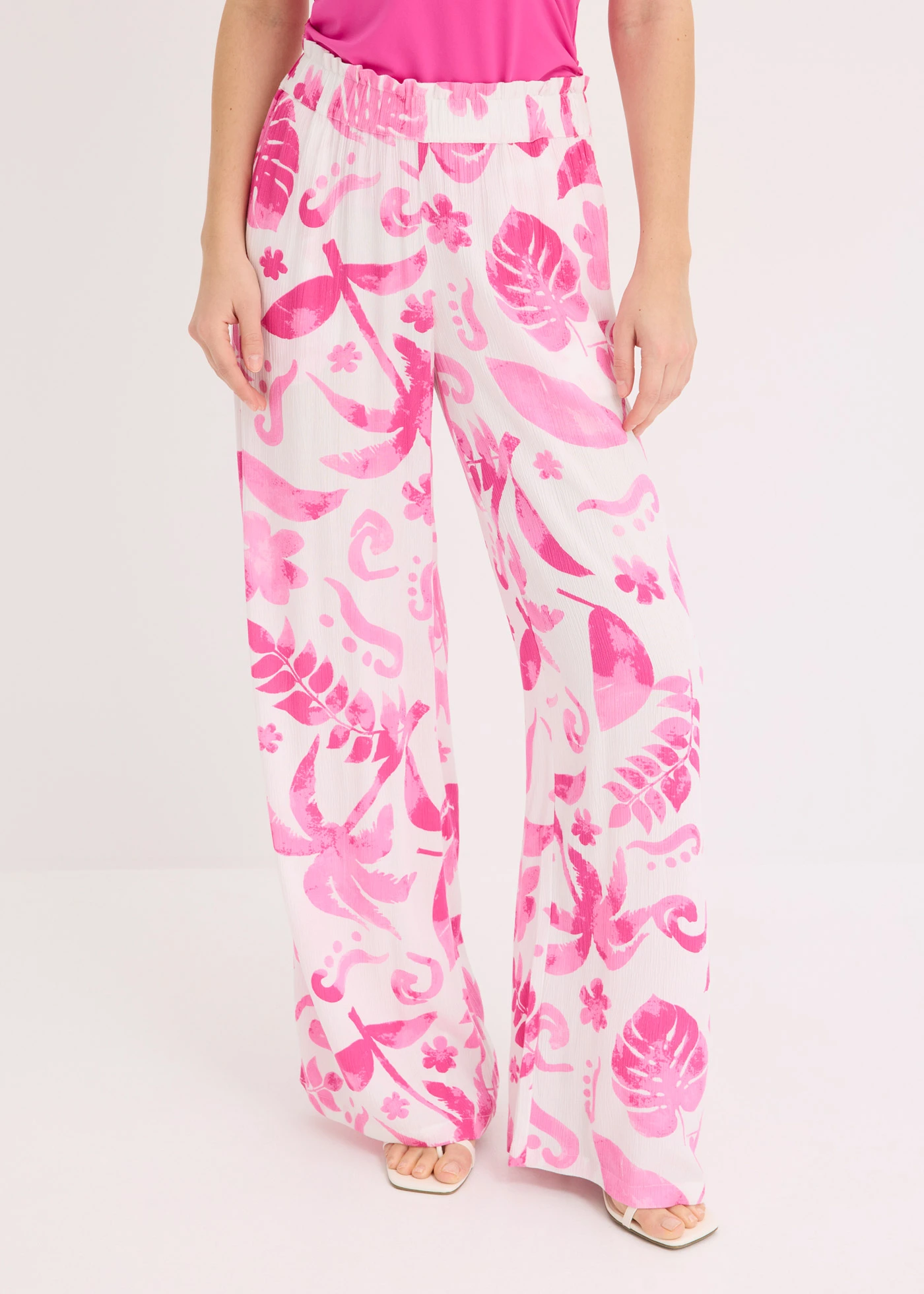 Pantalon large en viscose texturée • blanc - fuchsia • Boutique bonprix