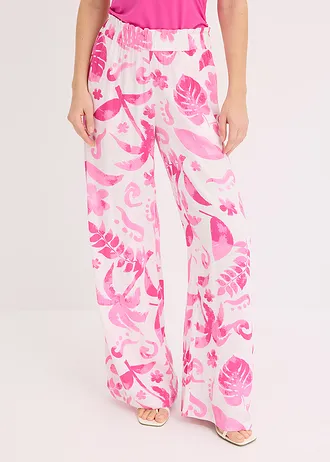Wijde broek met print van gestructureerde viscose, Kleur: wit-fuchsia gebloemd
