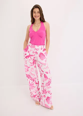 Pantalon large en viscose texturée, Couleur: blanc/fuchsia