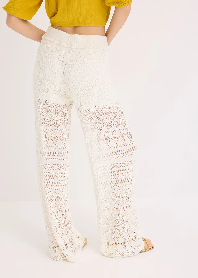 Slip-on broek met met gebreid ajour-patroon, Kleur: wolwit