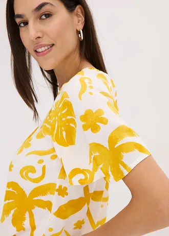 Halenka s odhaleným ramenem, ze strukturované viskózy • bílo-limetkově kari s květy • bonprix obchod