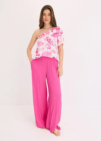 One-shoulder blouse van gestructureerde viscose, Kleur: wit-fuchsia gebloemd
