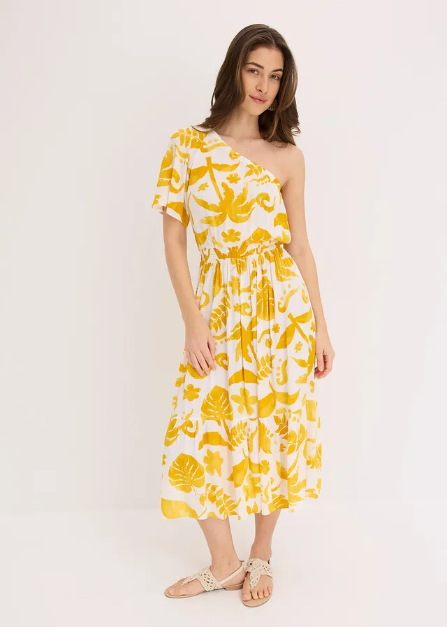 Robe asymétrique imprimée en viscose texturée, Couleur: blanc/curry floral