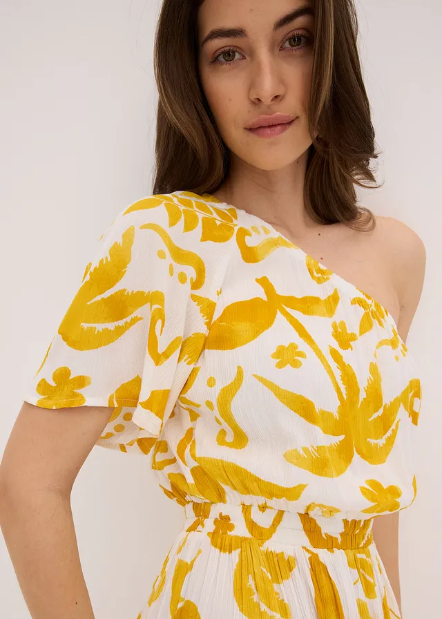 One shoulder jurk van gestructureerde viscose • wit-lemoncurry gebloemd • product-page.page-title-suffix