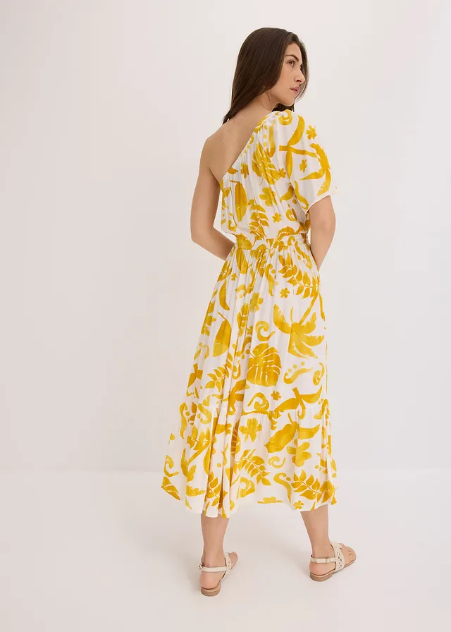 Robe asymétrique imprimée en viscose texturée, Couleur: blanc/curry floral