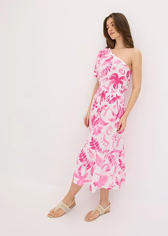 One shoulder jurk van gestructureerde viscose, Kleur: wit-fuchsia gebloemd