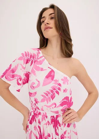 Šaty na jedno rameno, ze strukturované viskózy s potiskem • bílo-fuchsiová s květy • bonprix obchod