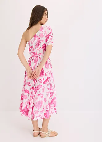 One shoulder jurk van gestructureerde viscose, Kleur: wit-fuchsia gebloemd