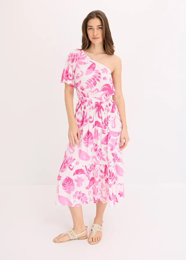 Robe asymétrique imprimée en viscose texturée