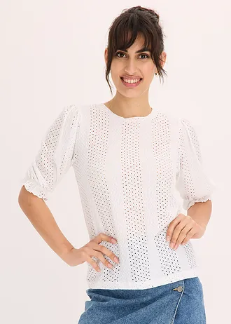 Shirt met broderie anglaise en volants • wit • bonprix online shop