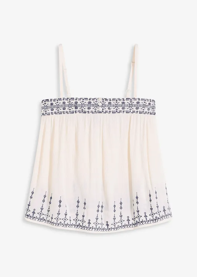 Blousetop met borduursel • ecru-donkerblauw met print • bonprix online shop