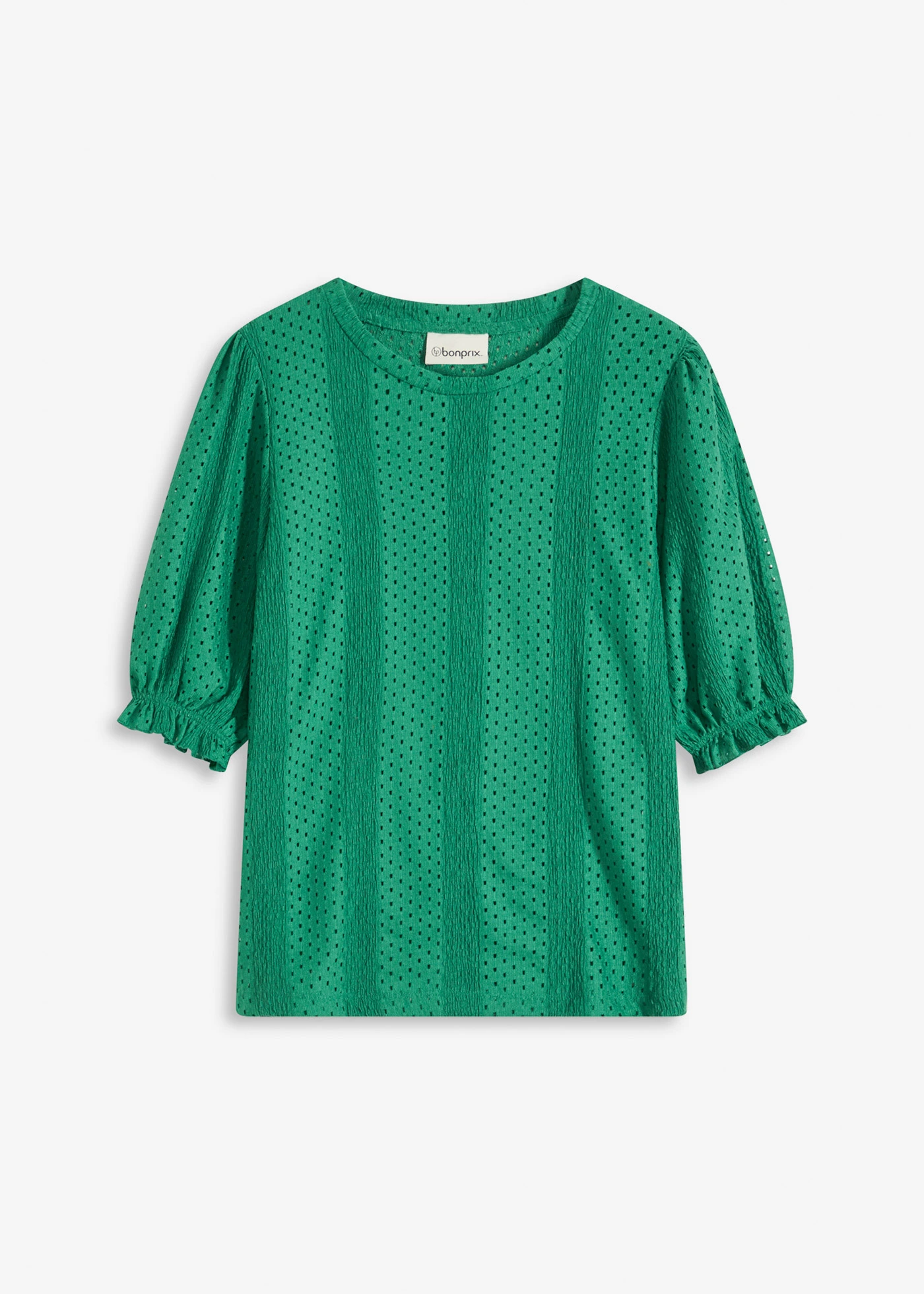 Shirt met broderie anglaise en volants • edelsteengroen • bonprix online shop